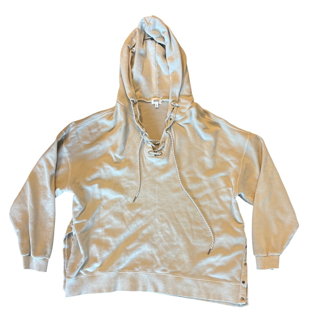 BKE Womens Tan Lace Up Hoodie Sweatshirt Side Snap Button Beige Large